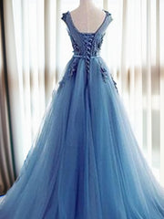 Prom Dress Long Mermaid, Ball-Gown Jewel Appliques Lace Sweep Train Tulle Dress