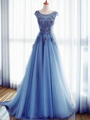 Prom Dresses Long With Sleeves, Ball-Gown Jewel Appliques Lace Sweep Train Tulle Dress