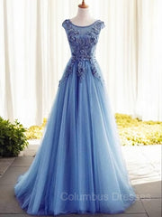 Party Dresses Website, Ball Gown Jewel Sweep Train Tulle Evening Dresses With Appliques Lace