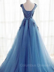 Party Dresses Websites, Ball Gown Jewel Sweep Train Tulle Evening Dresses With Appliques Lace