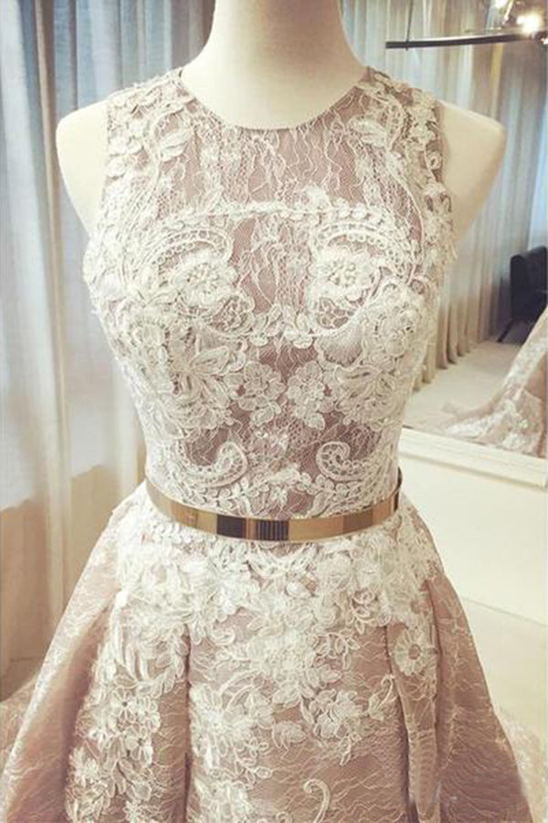 Party Dresses On Sale, Gorgeous Round Neck Sleeveless Lace Prom Dresses Sweep Train with Appliques