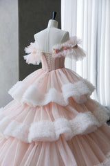 Dress Ideas, Ball Gown Off Shoulder Pink Tulle Long Prom Dress, Sweet 16 Dress