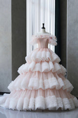 Party Dresses With Boots, Ball Gown Off Shoulder Pink Tulle Long Prom Dress, Sweet 16 Dress