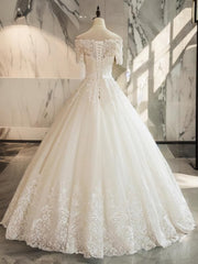 Wedding Dresses Top, Ball-Gown Off-the-Shoulder 1/2 Sleeves Appliques Lace Floor-Length Tulle Wedding Dress