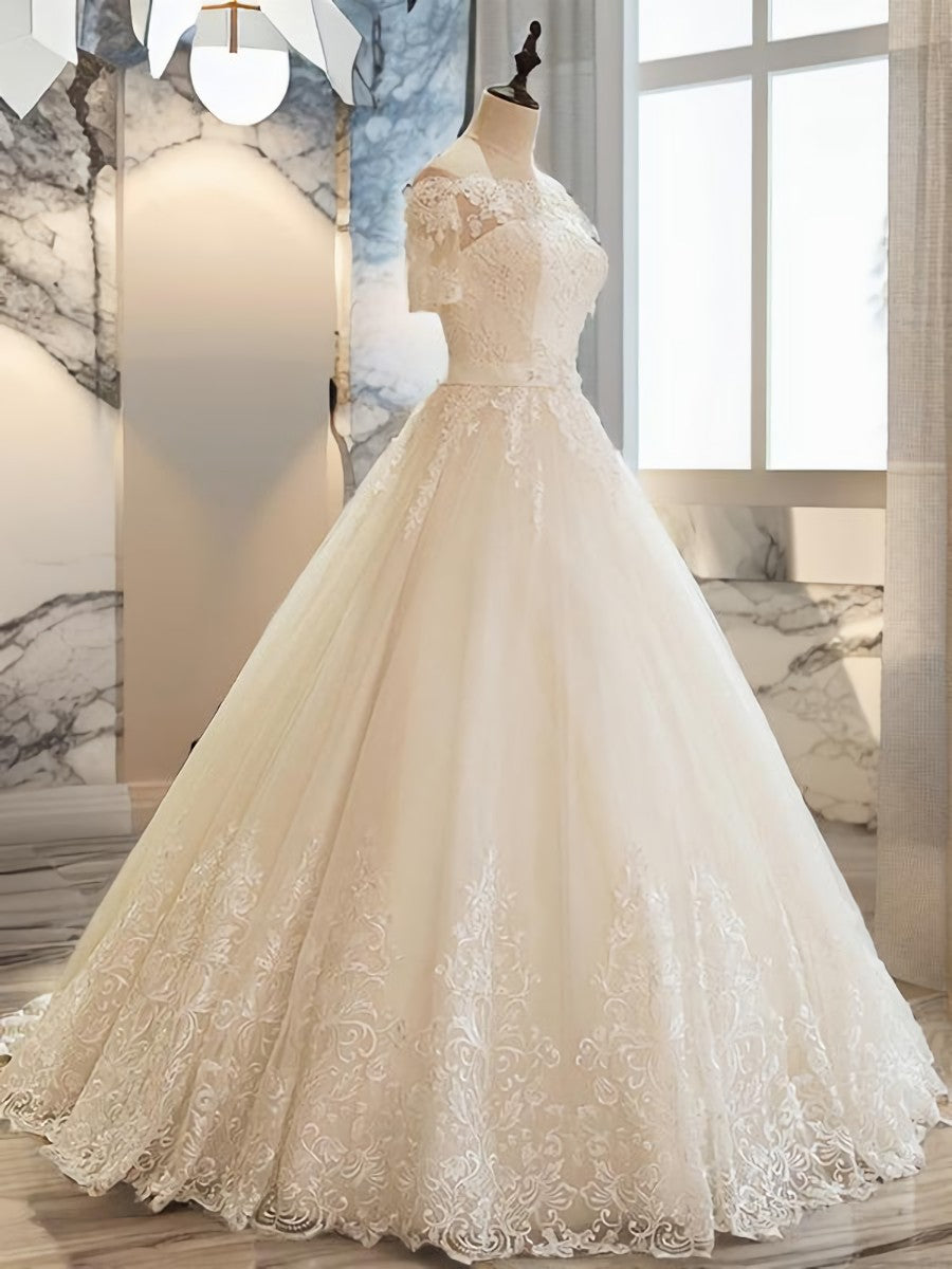 Wedding Dress Tops, Ball-Gown Off-the-Shoulder 1/2 Sleeves Appliques Lace Floor-Length Tulle Wedding Dress