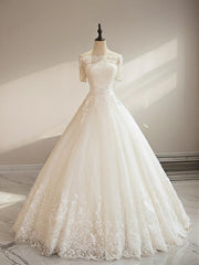 Wedding Dresses Tops, Ball-Gown Off-the-Shoulder 1/2 Sleeves Appliques Lace Floor-Length Tulle Wedding Dress
