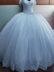 Prom Dress, Ball-Gown Off-the-Shoulder Appliques Lace Floor-Length Tulle Dress
