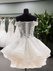 Bridesmaids Dresses Ideas, Ball-Gown Off-the-Shoulder Appliques Lace Short/Mini Organza Dress