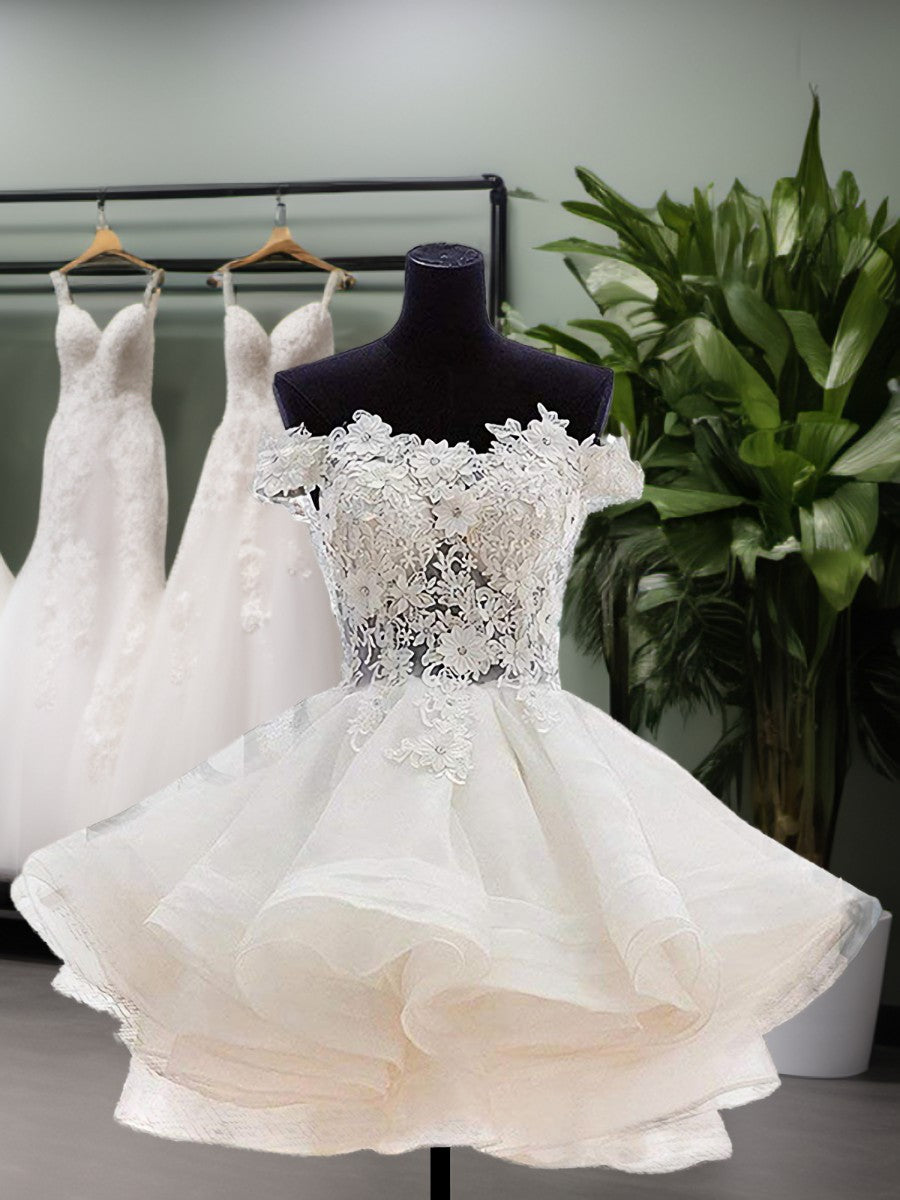 Bridesmaids Dresses Idea, Ball-Gown Off-the-Shoulder Appliques Lace Short/Mini Organza Dress