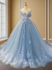 Prom Dresses Light Blue Long, Ball-Gown Off-the-Shoulder Appliques Lace Sweep Train Tulle Dress