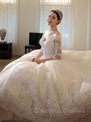 Wedsing Dress Shopping, Ball Gown Off-the-Shoulder Cathedral Train Tulle Wedding Dresses With Beading