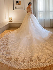 Wedding Dresses Shops, Ball Gown Off-the-Shoulder Cathedral Train Tulle Wedding Dresses With Beading