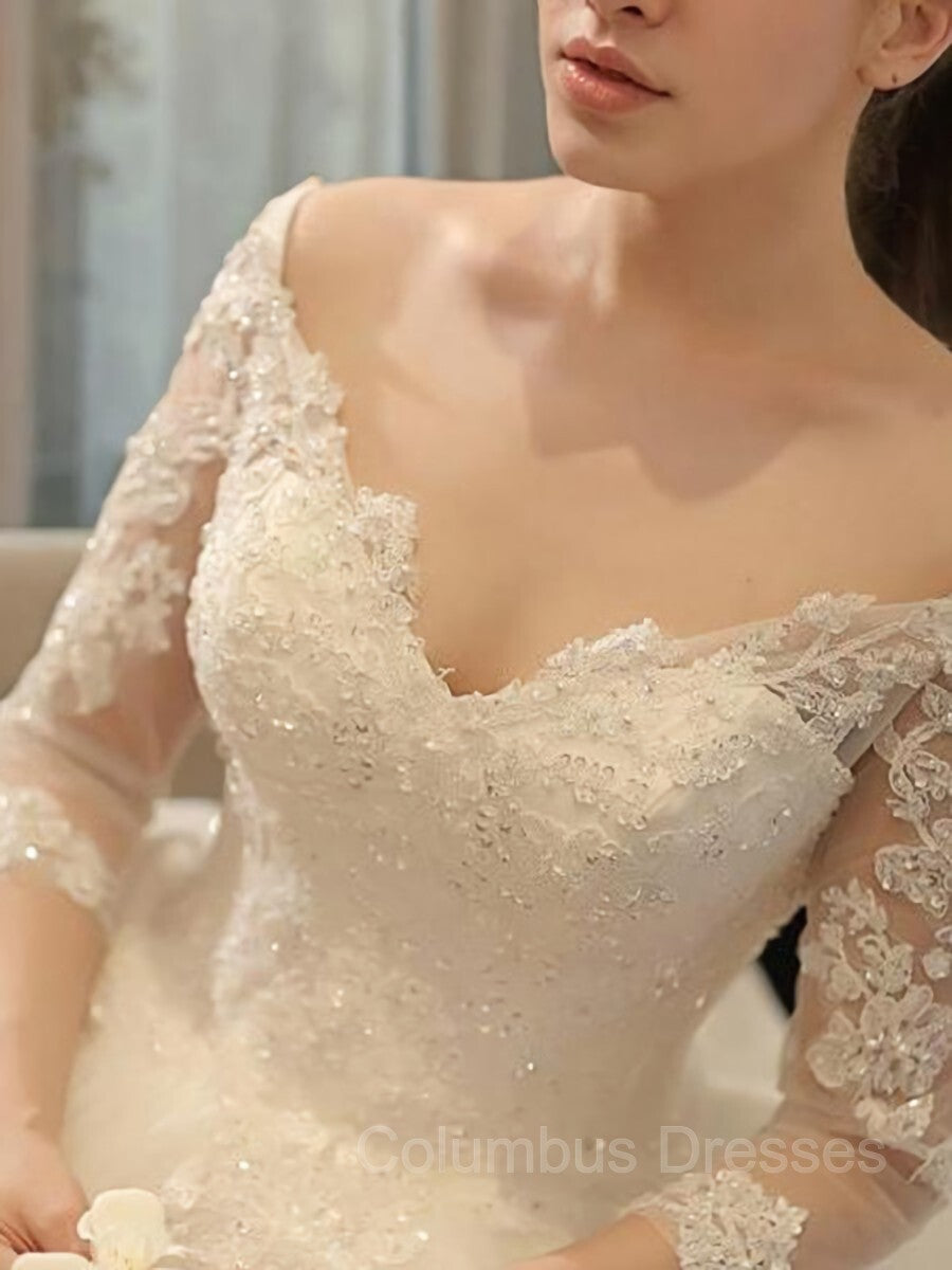 Wedding Dresses Shopping, Ball Gown Off-the-Shoulder Cathedral Train Tulle Wedding Dresses With Beading