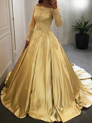 Bridesmaid Dress Floral, Ball Gown Off-the-Shoulder Floor-Length Satin Prom Dresses With Appliques Lace