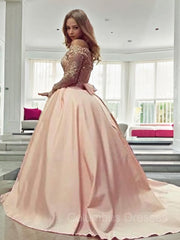 Bridesmaid Dress Mauve, Ball Gown Off-the-Shoulder Court Train Satin Prom Dresses With Bow