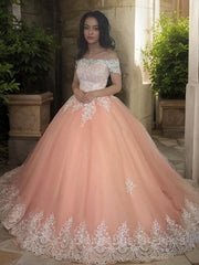 Black Tie Dress, Ball Gown Off-the-Shoulder Court Train Tulle Prom Dresses With Appliques Lace