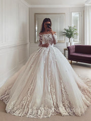 Wedding Dresses Prices, Ball Gown Off-the-Shoulder Chapel Train Tulle Wedding Dresses With Appliques Lace