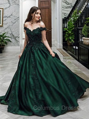 Bride Dress, Ball Gown Off-the-Shoulder Floor-Length Satin Prom Dresses With Appliques Lace