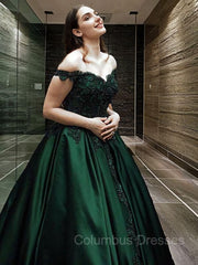 Gala Dress, Ball Gown Off-the-Shoulder Floor-Length Satin Prom Dresses With Appliques Lace