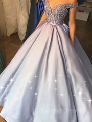 Aesthetic Dress, Ball Gown Off-the-Shoulder Floor-Length Satin Prom Dresses With Beading