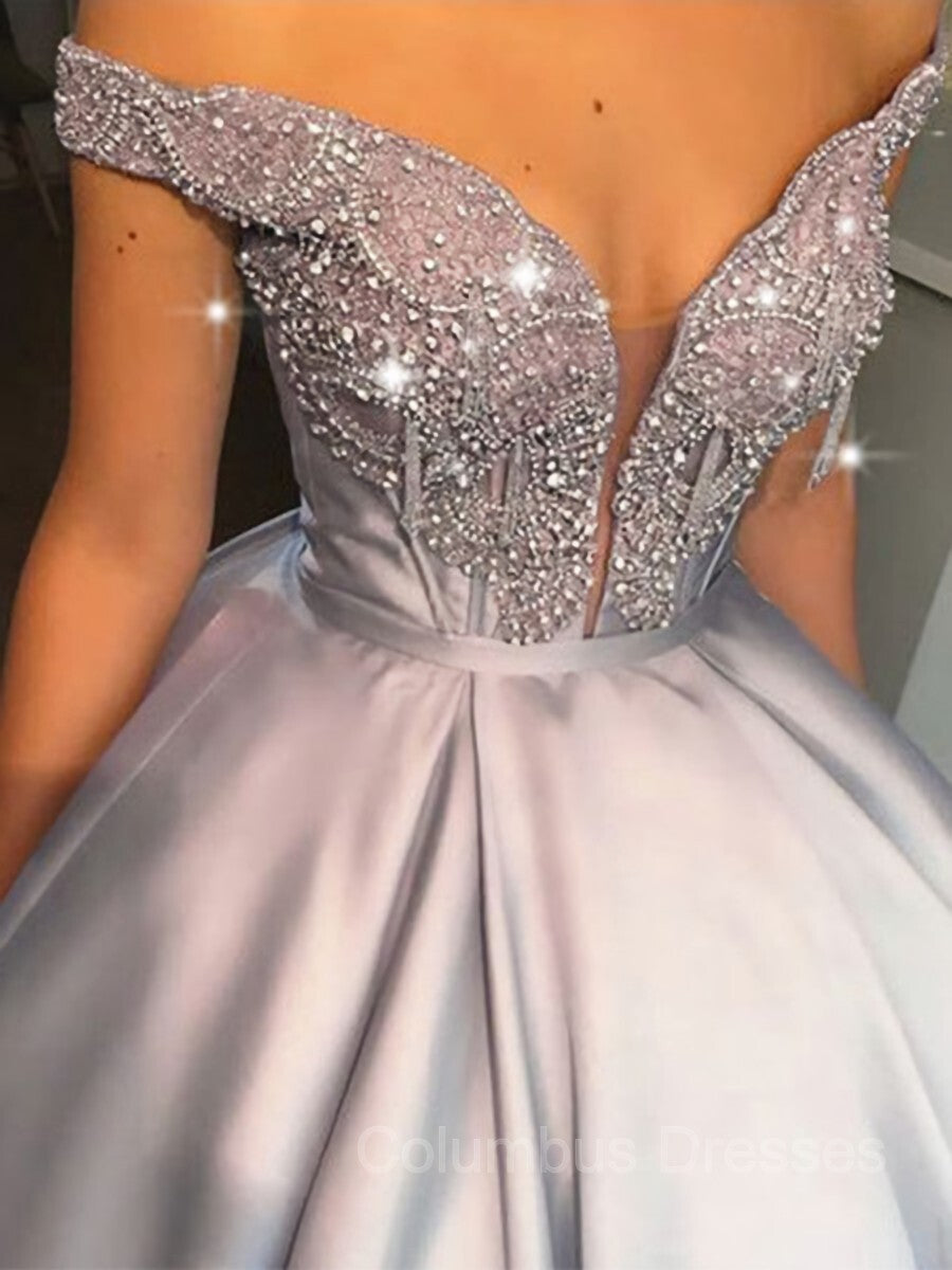 Girlie Dress, Ball Gown Off-the-Shoulder Floor-Length Satin Prom Dresses With Beading