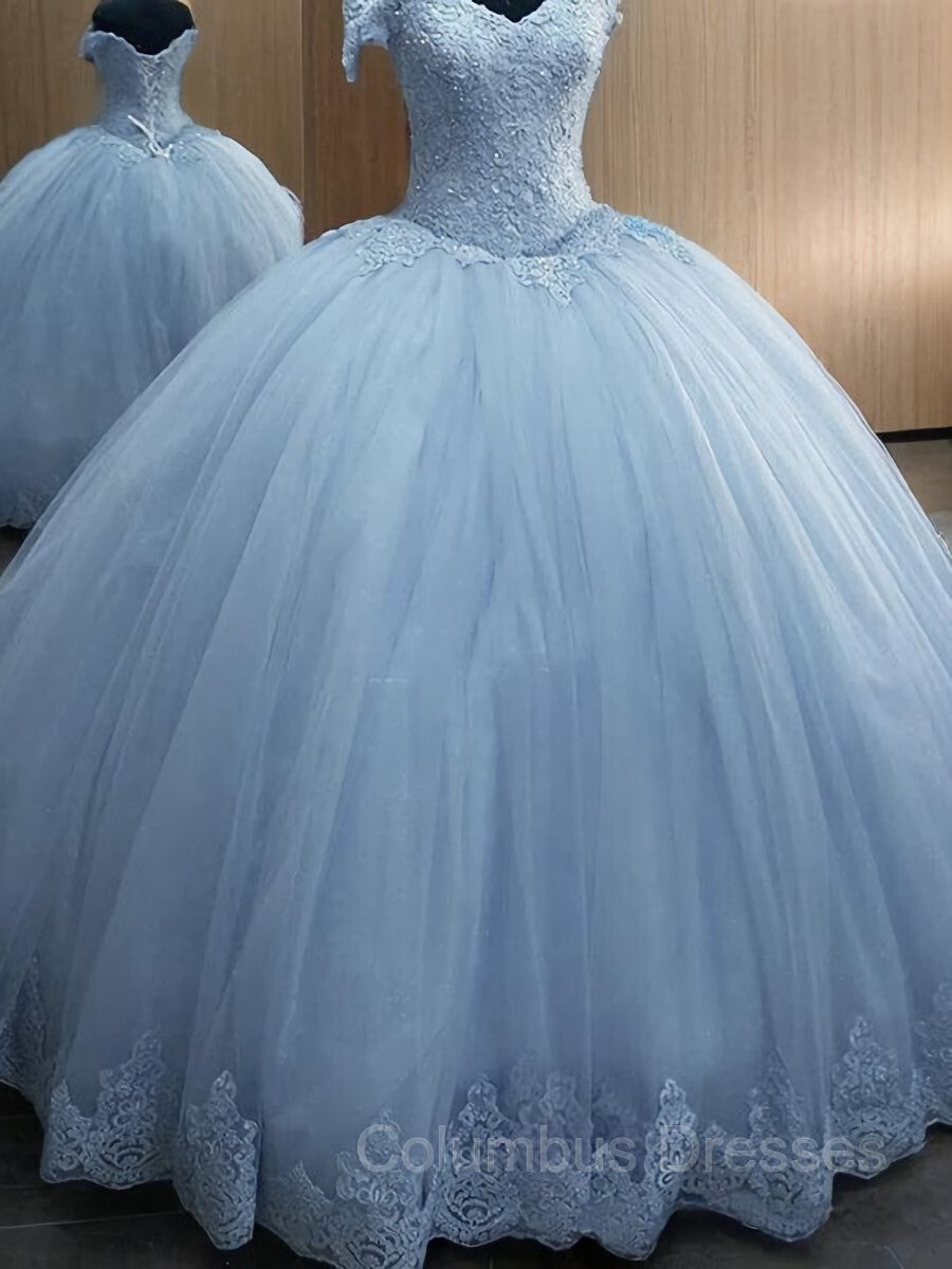 Prom Dress Uk, Ball Gown Off-the-Shoulder Floor-Length Tulle Prom Dresses With Appliques Lace