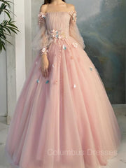 Classy Dress Outfit, Ball Gown Off-the-Shoulder Floor-Length Tulle Prom Dresses With Flower