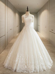 Wedding Dress Unique, Ball Gown Off-the-Shoulder Floor-Length Tulle Wedding Dresses With Appliques Lace