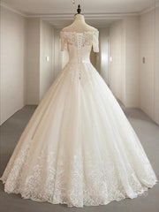 Wedding Dress Gowns, Ball Gown Off-the-Shoulder Floor-Length Tulle Wedding Dresses With Appliques Lace