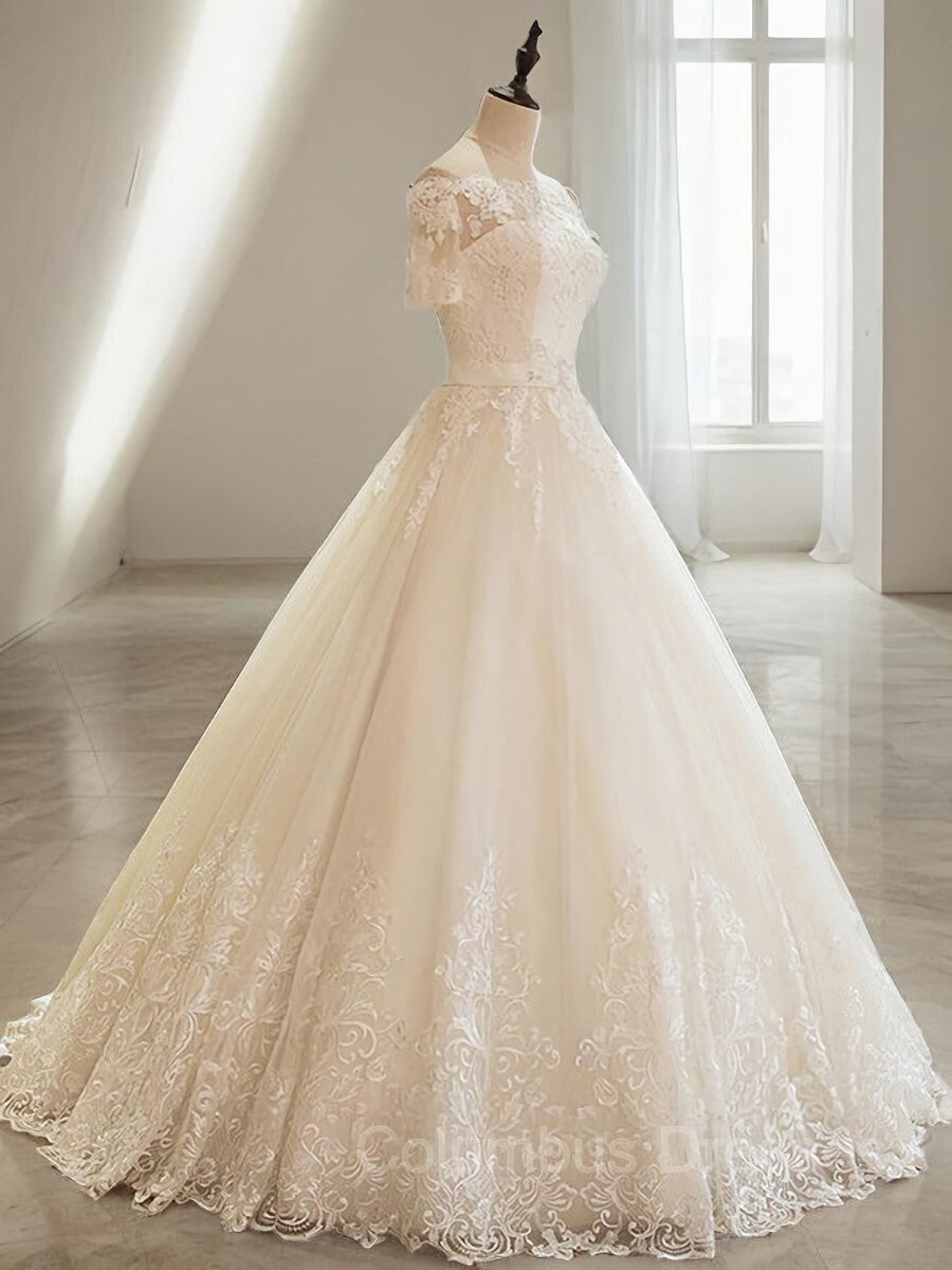 Wedding Dresses Gowns, Ball Gown Off-the-Shoulder Floor-Length Tulle Wedding Dresses With Appliques Lace