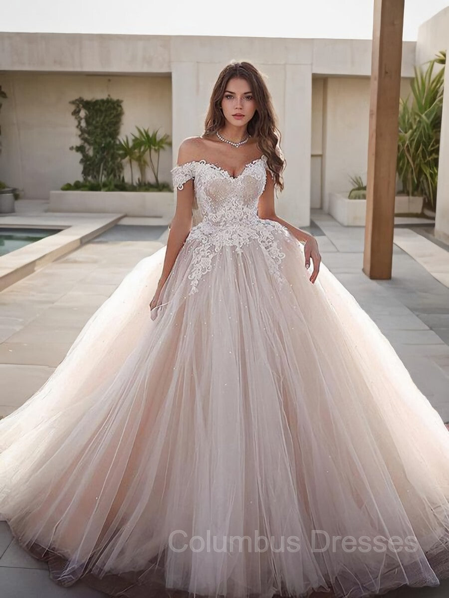 Wedding Dresses Shops, Ball Gown Off-the-Shoulder Floor-Length Tulle Wedding Dresses With Appliques Lace