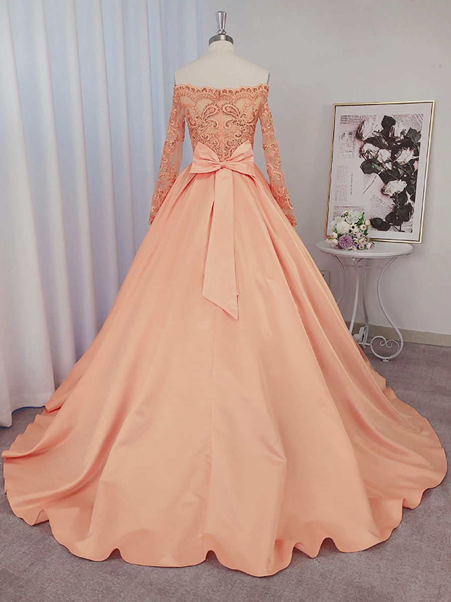 Elegant Dress, Ball-Gown Off-the-Shoulder Long Sleeves Bow Court Train Satin Dress
