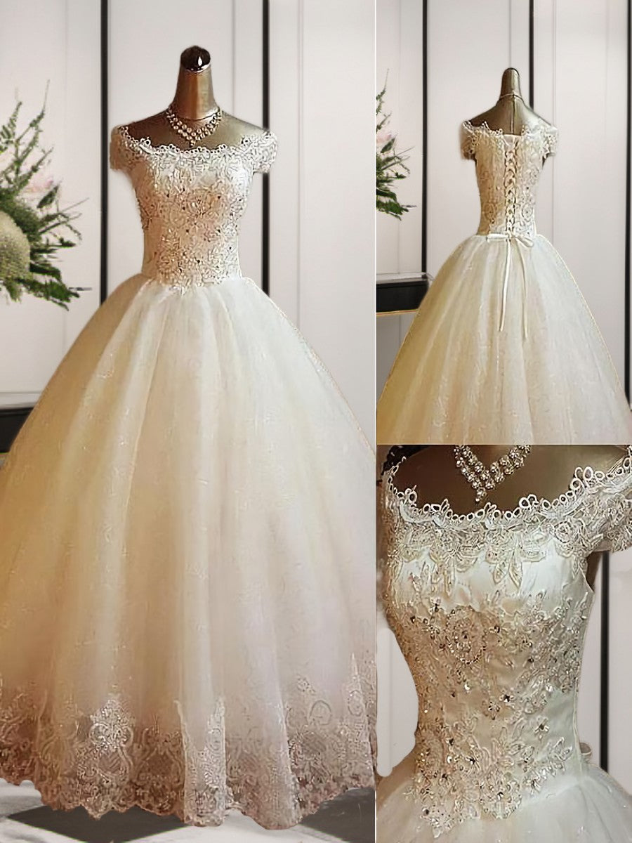 Wedding Dresses Fitted, Ball-Gown Off-the-Shoulder Sequin Floor-Length Tulle Wedding Dress