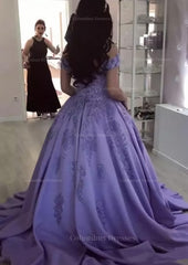 Fall Wedding Color, Ball Gown Off-the-Shoulder Sleeveless Sweep Train Satin Prom Dress With Appliqued Beading
