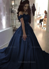 Rustic Wedding, Ball Gown Off-the-Shoulder Sleeveless Sweep Train Satin Prom Dress With Appliqued Beading