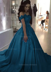 Dream Wedding, Ball Gown Off-the-Shoulder Sleeveless Sweep Train Satin Prom Dress With Appliqued Beading