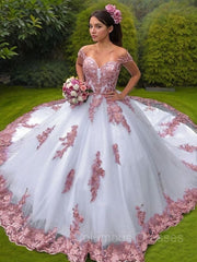 Weddings Dresses Vintage, Ball Gown Off-the-Shoulder Sweep Train Lace Wedding Dresses With Appliques Lace