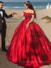 Prom Dresses Spring, Ball Gown Off-the-Shoulder Sweep Train Satin Prom Dresses With Appliques Lace