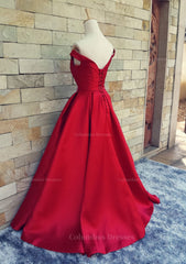 Prom Dress Website, Ball Gown Off-The-Shoulder Sweep Train Satin Prom Dresses With Waistband