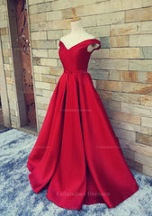 Prom Dresses Websites, Ball Gown Off-The-Shoulder Sweep Train Satin Prom Dresses With Waistband