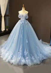 Plu Size Prom Dress, Ball Gown Off-the-Shoulder Sweep Train Tulle Prom Dress With Appliqued