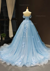 Sparklie Prom Dress, Ball Gown Off-the-Shoulder Sweep Train Tulle Prom Dress With Appliqued