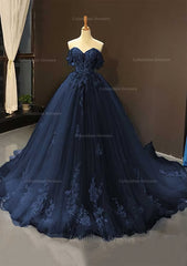 Girl Dress, Ball Gown Off-the-Shoulder Sweep Train Tulle Prom Dress With Appliqued