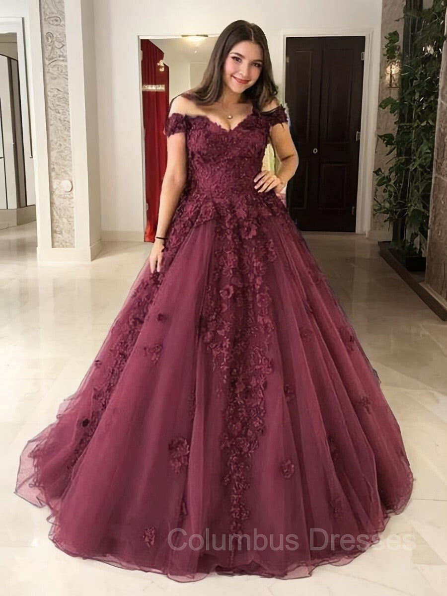 Prom Dresses 2041 Fashion Outfit, Ball Gown Off-the-Shoulder Sweep Train Tulle Prom Dresses With Appliques Lace
