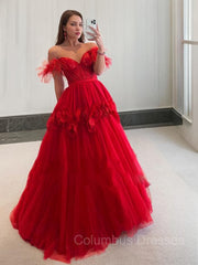 Prom Dresses With Slits, Ball Gown Off-the-Shoulder Sweep Train Tulle Prom Dresses With Flower