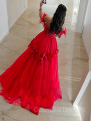 Prom Dress Long Ball Gown, Ball Gown Off-the-Shoulder Sweep Train Tulle Prom Dresses With Flower
