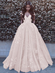 Prom Dresses Tight Fitting, Ball Gown Off-the-Shoulder Sweep Train Tulle Prom Dresses With Pockets