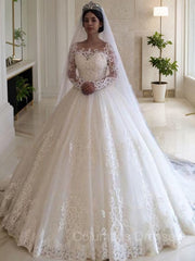 Wedding Dress With Sleev, Ball Gown Off-the-Shoulder Sweep Train Tulle Wedding Dresses