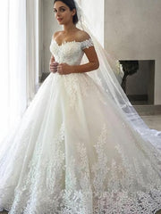 Wedding Dresses Under 206, Ball Gown Off-the-Shoulder Sweep Train Tulle Wedding Dresses With Appliques Lace