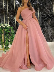 Prom Dresses Laced, Ball Gown One-Shoulder Sweep Train Organza Prom Dresses With Leg Slit